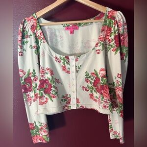 Betsey Johnson Cream & Classic Floral Cropped Snap-Front Top